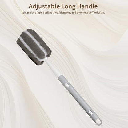 Sponge Bottle Brush Adjustable Long Handle Up to 14.5” 2-Pack | 14.5" Adjustable Long Handle; Dual-Action Scouring Pad & Sponge Head; Ultra-Powerful Cleaning; Wall Hanging with 4 Hooks