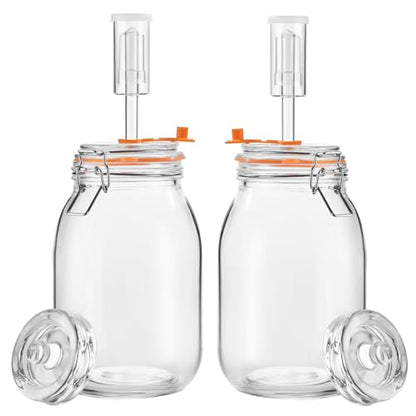 1.8L Wide Fermentation Jars with Airlocks & Glass Weights, 2-Pack | Self-Burping Airlocks Vent Gas Automatically; Glass Weights Keep Ingredients Below the Brine for More Consistent Fermentation - size: 1.8L