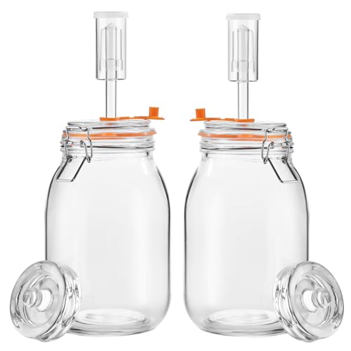 1.8L Wide Fermentation Jars with Airlocks & Glass Weights, 2-Pack | Self-Burping Airlocks Vent Gas Automatically; Glass Weights Keep Ingredients Below the Brine for More Consistent Fermentation - size: 1.8L