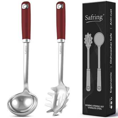 Safring Stainless Steel Soup Ladle and Spaghetti Spoon Set, Heat Resistant Rubber Handle, Dishwasher Safe, Kitchen Utensils for Cooking, Stirring, Serving Pasta, Soup & Sauce (Red) - color: Red