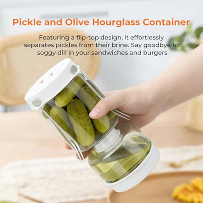 Pickle Jar with Strainer Flip, Pickle Container with Strainer with Two Forks, Airtight Glass Pickle Jar for Fermentation, Olive Jar with Date Tracker Lid, Jalapeno Container with Gas Port (White) - color: White