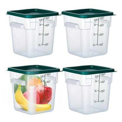 4 Pack 4 Qt Square Polycarbonate Food Storage Containers with Lids | Clear BPA-free PC with lids, side handles, measurement scale and stackable design; for food prep, storage and freezer use. - color: 4Qt