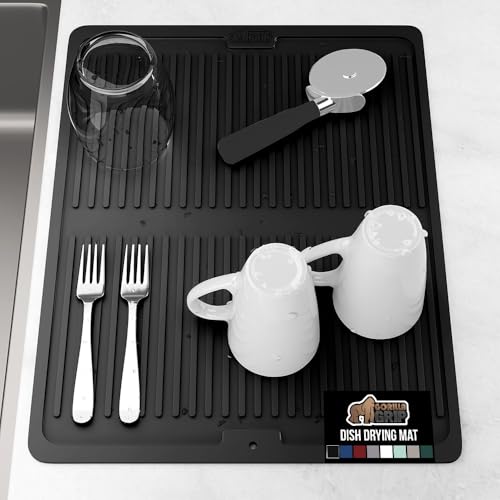 GORILLA GRIP 100% BPA-Free Patented Silicone Dish Drying Mat for Kitchen Counter, 18x16 Inch, Water Catching Ribbed Design, Easy Clean Waterproof Sink Liner, Heat Resistant, Fits Under Rack, Black - color: Black, size: 18" x 16", style: Silicone