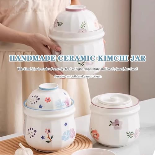 Pastoral Series Modern Pickle Jars, Traditional Water Seal Fermentation Crock, Hand-Painted Kitchen Kimchi Jar, Cherry Blossom/Purple Daylily Pattern(A)