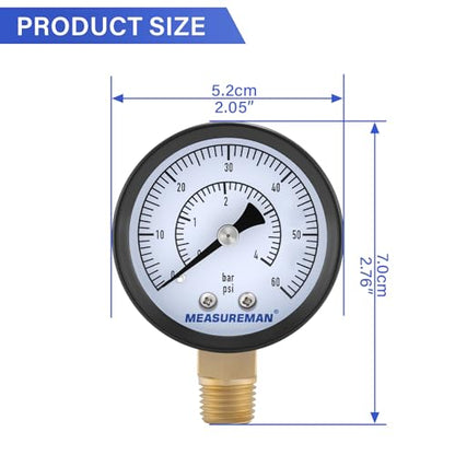 MEASUREMAN CO2 Regulator Gauge Set for Beer Kegs, 0-60 PSI, Dual Scale, Bar/PSI, 2’’ Dial, 1/4’’ NPT, Radial Mount, Black Iron Case, Aluminum Pointer, with Hose Clamps& Nylon seals - size: 1pc, style: 0-60 psi With Washers&Clamps