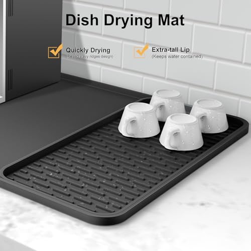 Silicone Coffee Mat, 24''x16'' Bar Mat with Detachable Dish Drying Mat - Fits Under Coffee Maker & Dish Rack - color: Black, size: 16" x 24"