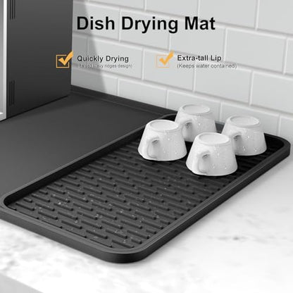 Silicone Coffee Mat, 24''x16'' Bar Mat with Detachable Dish Drying Mat - Fits Under Coffee Maker & Dish Rack - color: Black, size: 16" x 24"