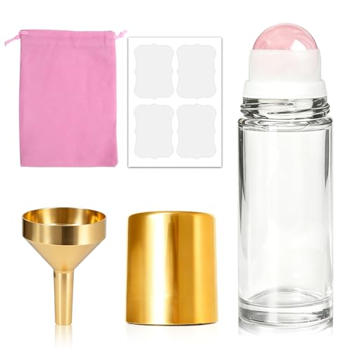 Cocurb 1oz Rose Quartz Roller Bottle for Essential Oils Perfume Skincare DIY,Refillable Leak-Proof Clear Glass Roll on Bottle Empty Deodorant Containers with Gold Cap&Storage Bag - color: Clear, size: 1 pack