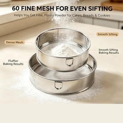 2 Pack Round Flour Sifter, 5.9 Inch & 7.87 Inch Size sieve fine mesh stainless steel, Practical sifter for baking Cake Bread Making
