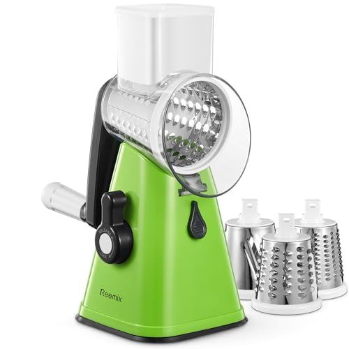Rotary Cheese Grater with Handle, Reemix Vegetable Cheese Shredder Slicer Grater for Kitchen 3 Changeable Blades for Cheese Potato Zucchini Nuts Chocolate (Green) - color: Green