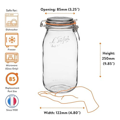 Le Parfait Super Jar 2L (64oz) French Glass Preserving Jar w/Airtight Rubber Seal & Wire Bail Closure - BPA-Free Canning Jar for Pickles, Fruits, Sauces & Food Storage - Made in France Since 1930 1PK - color: 64oz (Single)