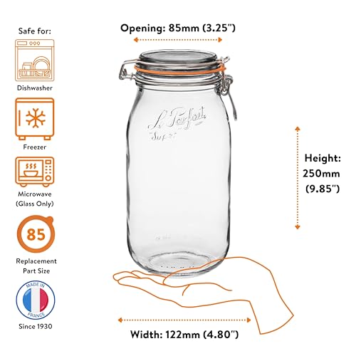 Le Parfait Super Jar 2L (64oz) French Glass Preserving Jar w/Airtight Rubber Seal & Wire Bail Closure - BPA-Free Canning Jar for Pickles, Fruits, Sauces & Food Storage - Made in France Since 1930 1PK - color: 64oz (Single)