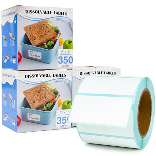 THEBLUETOUCH Dissolvable Food Labels with Dispenser - 1050 pcs, 1" x 2" Water Dissolving Labels, No Residue for Meal Prep & Food Storage Containers, 1050 Count (3 Rolls of 350) - size: 3 Box - 1050 Lables