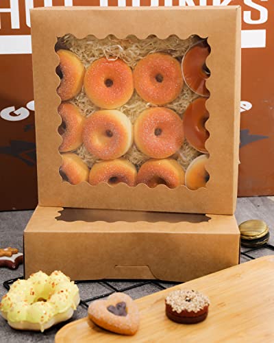 qiqee Auto-pop up Brown Pie Boxes with Window 10x10x2.5 inch 30Packs Cookie Donut Bakery Box - color: Brown, size: 10"x10"x2.5"/30 Pcs