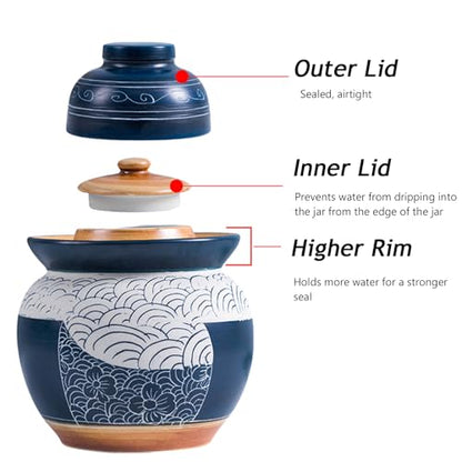 Traditional Chinese Porcelain Pickle Jar, Ceramic Fermenting Jar with Water Seal Airlock Lid, Turnip Kimchi Sauerkraut Fermentation Crock Pickling Pot(3.5kg, Blueb) - color: Blueb, size: 3.5kg