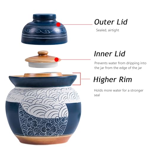 Traditional Chinese Porcelain Pickle Jar, Ceramic Fermenting Jar with Water Seal Airlock Lid, Turnip Kimchi Sauerkraut Fermentation Crock Pickling Pot - color: Blue