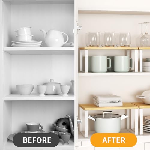 Kitchen Cabinet Organizer Shelf Set of 4, Sturdy Kitchen Counter Shelves with Metal Legs, Stackable Expandable Wood Spice Rack Pantry Cupboard Dish Mug Cup Storage Organizer Shelf,White+Bamboo - color: White+Bamboo