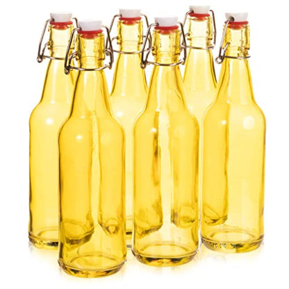 Cocktailor Glass Grolsch Beer Bottles (6-pack, 16.9 oz./500 mL) Airtight Seal with Swing Top/Flip Top Stoppers - Home Brewing Supplies, Fermenting of Alcohol, Kombucha Tea, Wine, Soda - Yellow
