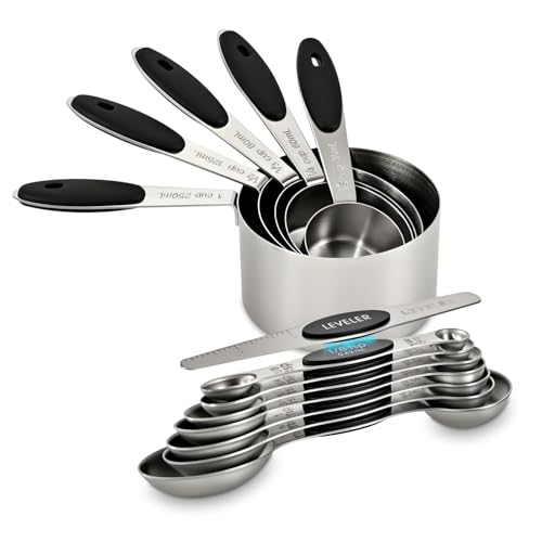 13-Piece Magnetic Measuring Spoons and Cups Set, Stainless Steel Kitchen Measure Tools with Silicone Handles, Nesting Dry and Liquid Measuring Cups for Baking Cooking (Black) - color: Black