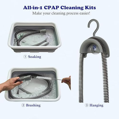 CPAP Cleaning Kits with Tube and Mask Brush, Collapsible Wash Basin & Hose Hanger - CPAP Hose Cleaner Supplies to Make Cpap Accessories Cleaning, Drying, Storing Easier - color: Grey-white