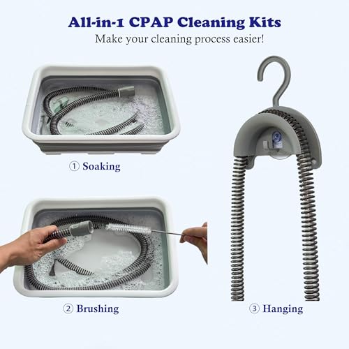 CPAP Cleaning Kits with Tube and Mask Brush, Collapsible Wash Basin & Hose Hanger - CPAP Hose Cleaner Supplies to Make Cpap Accessories Cleaning, Drying, Storing Easier - color: Grey-white