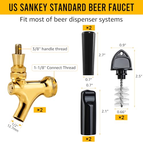 Standard 1-1/8‘’ Beer Faucet Beer Dispenser Tap for Draft Beer Kegerator Tower System Beer Shanks, 304 Stainless Steel Core Smooth Pouring Beer Keg Tap Faucet with Dustproof Plugs Brush (Golden, 2PCS)