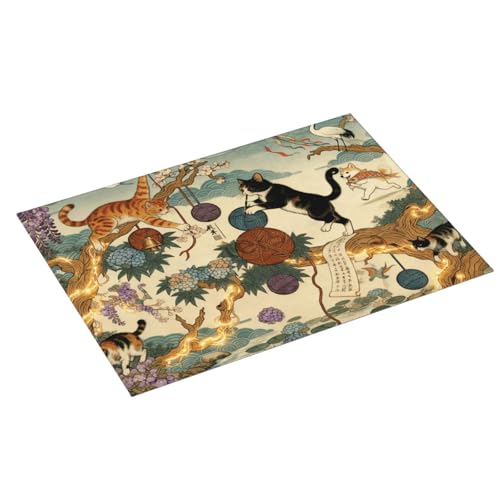 Kitchen Drying Mat for Countertop Oriental Cat Garden Art Pattern Non-Slip Kitchen Counter Mat for Dishes Glassware - color: Beige Teal
