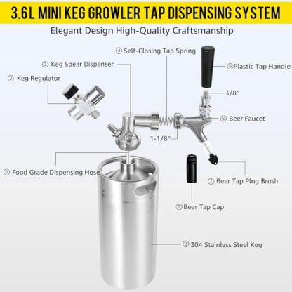 MRbrew 128oz Mini Beer Keg Growler Mini Kegerator - Portable Draft Beer Dispenser System, Pressurized Stainless Steel Beer Growler Tap with CO2 Regulator & Beer Tap for Fresh Beer, Home Bar Party&Gift