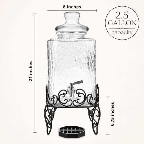2.5 Gallon Glass Beverage Dispenser with Stand & Stainless Steel Spigot – Large Mason Jar Drink Dispenser for Sun Tea, Kombucha, Iced Tea, Lemonade, Sangria & Cold Drinks