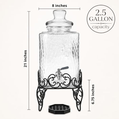 2.5 Gallon Glass Beverage Dispenser with Stand & Stainless Steel Spigot – Large Mason Jar Drink Dispenser for Sun Tea, Kombucha, Iced Tea, Lemonade, Sangria & Cold Drinks