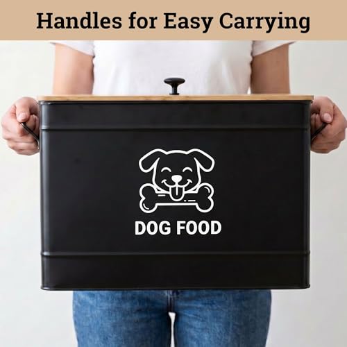 Dog Food Container Airtight 15 lb (50 Cup) Capacity with Metal Scoop - Cute Airtight Dog Food Storage Container with Bamboo Lid - Black Metal Kibble Storage Bin for Dogs up to 100 lbs - Big Pet Jar - color: Black