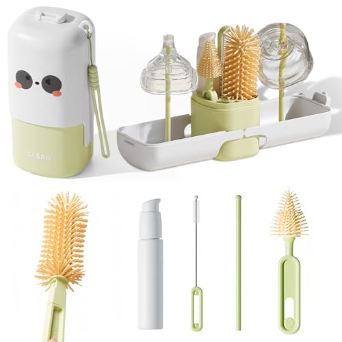 Baby Bottle Brush Set - Baby Bottle Cleaner Kit with Nipple Brush, Silicone Bottle Brush, Straw Cleaner Brush, Soap Dispenser, Bottle Drying Rack - 7 in 1 Bottle Cleaning Tool Set for Home and Travel - size: Mini