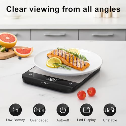 Ultrean Food Scale, Digital Kitchen Scale with LED Display, Weight Grams and Ounces for Baking Cooking, 6 Units with Tare Function, 304 Stainless Steel, 11lb (Batteries Included) - color: Classic Silver