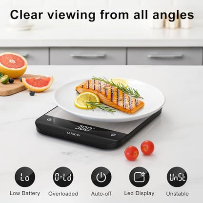Ultrean Food Scale, Digital Kitchen Scale with LED Display, Weight Grams and Ounces for Baking Cooking, 6 Units with Tare Function, 304 Stainless Steel, 11lb (Batteries Included) - color: Classic Silver