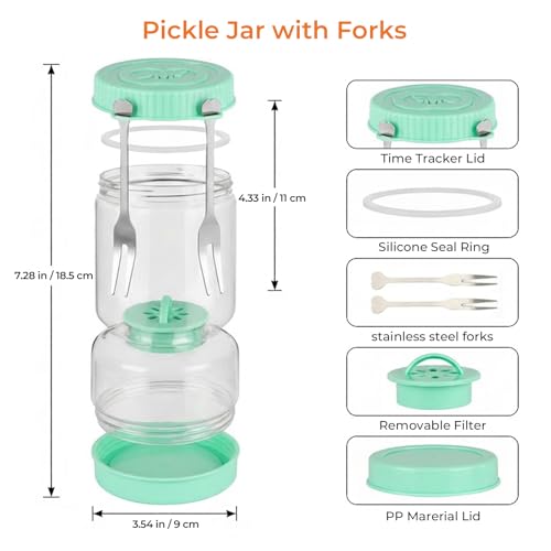 Pickle Jar with Strainer Flip, Pickle Container with Strainer with Two Forks, Airtight Glass Pickle Jar for Fermentation, Olive Jar with Date Tracker Lid, Jalapeno Container with Gas Port (Green) - color: Green