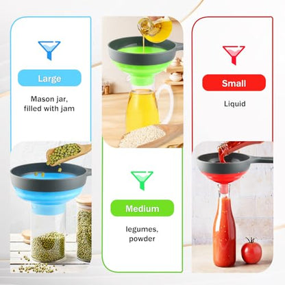 3 Set Silicone Canning Funnel for Wide and Regular Jars,Collapsible Food Grade Small Medium Large Funnel Set for Filling Solid Particles,Powder and Liquid