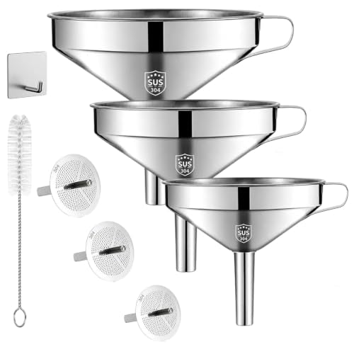 2026 New 304 Stainless Steel Funnel with Filter Mesh, Food-Grade 2-in-1 Metal Filter Funnel with Handle & Detachable Strainer for Filling Oil, Alcohol, Jam & Spices (All) - color: All