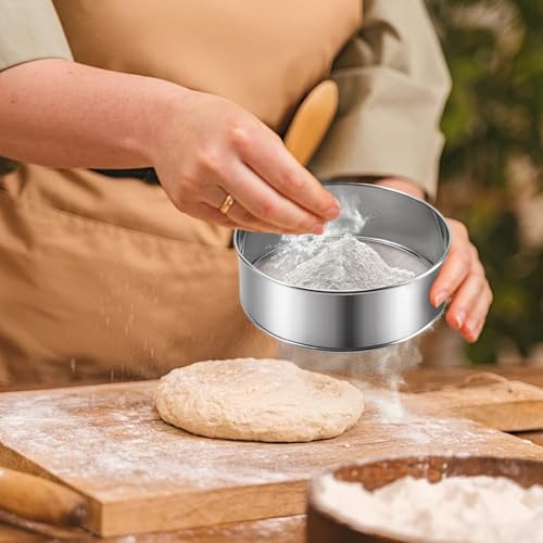 3-Piece Fine Mesh Sieve Set with brush and spatula, Stainless Steel Round Flour Sifter for Baking, Straining and Sifting, Includes 8-Inch 60 Mesh, 6-Inch 40 Mesh and 4-Inch 40 Mesh Sieves