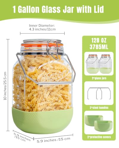 1 Gallon Glass Jar with Lid, 2 Pack Wide Mouth Mason Jars with Airtight Seal, Heavy Duty Glass Storage Container with Handle & Protective Base, Glass Jar for Sun Tea, Pickling, Flour Sugar, Kombucha - size: Large
