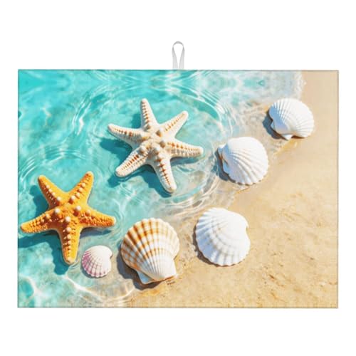 Ocean Sea Dish Drying Mat for Summer Kitchen Counter, Microfiber Absorbent Beach Dish Draining Mat Extra Large 18"x24" - color: Sea