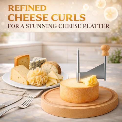 Cheese Curler Slicer, Stainless Steel Sharp Blade, Rose Shaped Cuts-Cheese and Chocolate Curler Tool Wooden Base Cheese Shaver Suitable for Home Parties, Restaurants, Cafes