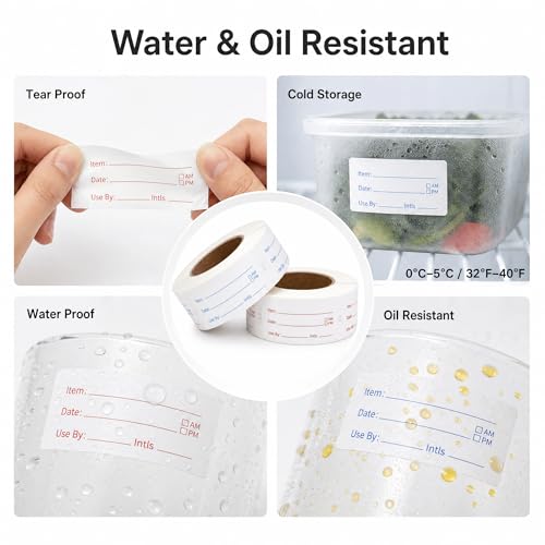 Food Labels for Containers, 2 Rolls, 500 Each, Meal Prep Kitchen Storage. | 1000 labels total. Writable fields Item Date Use By AM PM Initials. 1x2 inch labels for meal prep kitchen restaurant storage.