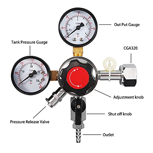 PERA CO2 CGA-320 Keg Regulator Regulator with Gas Line,Pressure Adjustment Knob with Safety Manual Pressure Relief Valve with a gas quick disconnect and a 5/16'' swivel nut, 2pcs hose clamps;