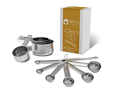 Stainless Steel Measuring Cups and Spoons Set 12 Piece Stackable Baking & Cooking Gadgets for Dry and Liquid Ingredients,Nesting Cups, Engraved Markings & Leveler,Dishwasher Safe Kitchen Tools