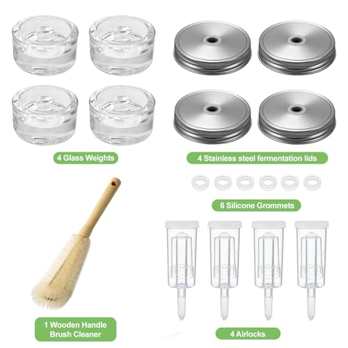 Fermentation Kit for Wide Mouth Mason fermentation Jar,Pickle sauerkraut Kit,4 Fermentation Lids,4 Glass Fermentation Weights,1Wooden Brush Cleaner(Jars Not Included)