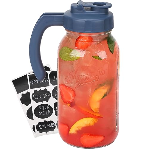 Soligt Glass Mason Jar Pitcher with Lid, Wide Mouth Flip Cap Pour Spout Leak-proof Lid with Handle, 64 oz (2 Quart / 1.9 Liter), for Sun Tea/Iced Tea/Juice/Cold Brew Coffee/Milk (1Pack, Hale Navy) - color: Hale Navy