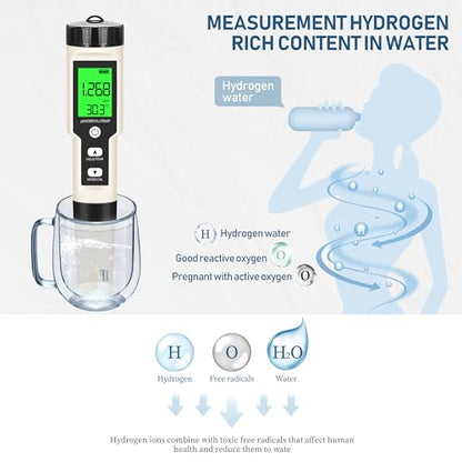 Hydrogen Water Tester 4 in 1 PH,H2,ORP&Temp,pH Meter ORP Meter Hydrogen Tester for Water with ATC & Backlight,Accurate Hydrogen Water ppb/ppm Meter - size: 4 in 1