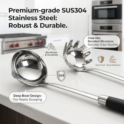 18/10 Stainless Steel Soup Ladle and Pasta Server Set, 2-Piece | Premium 18/10 stainless steel soup ladle and pasta server with ergonomic heat-resistant handles for everyday cooking. - color: Black