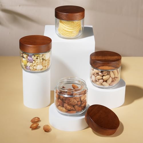 Bumobum 8 oz Glass Mason Jars with Lids, Small Glass Container with Acacia Wood Airtight Lid, Wide Mouth Canisters for Chia Pudding Loose Tea Coffee Salad Snacks Yogurt Spice, 4-Pack - color: 8oz