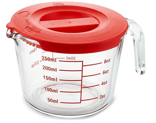 NutriChef 1 Cup Glass Measuring Cup with Lid (8 oz) - Heat-Resistant Borosilicate Liquid Measure Cup with Easy-Read Scale for Cooking, Baking and Food Storage, Dishwasher and Freezer Safe - size: 1 cup with lid